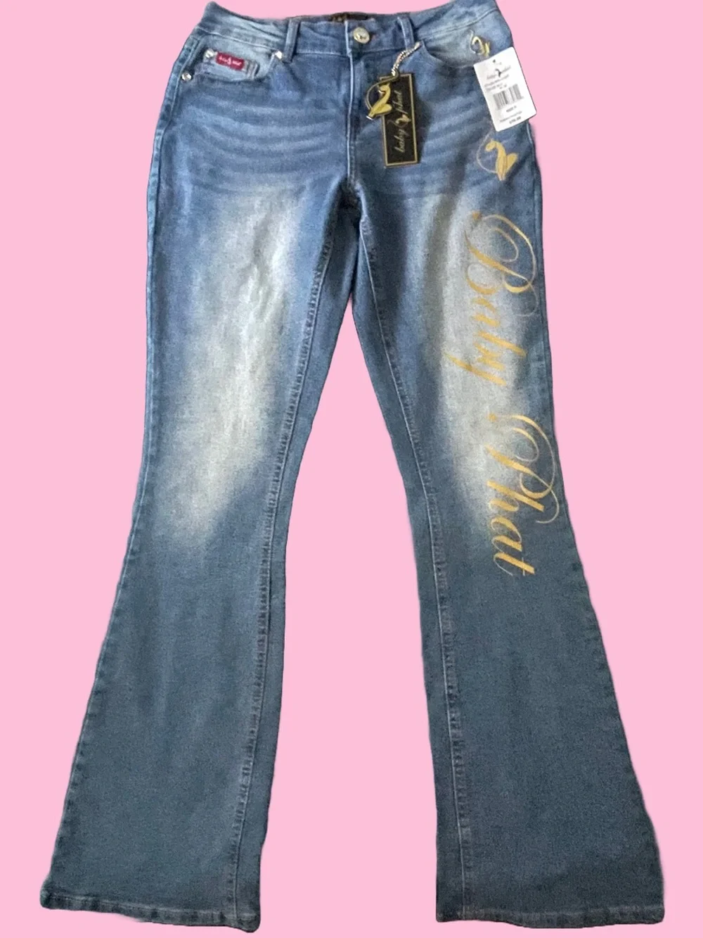 Baby Phat Blue Denim Wide-Leg Jeans with Gold Script• - Picture 1 of 8